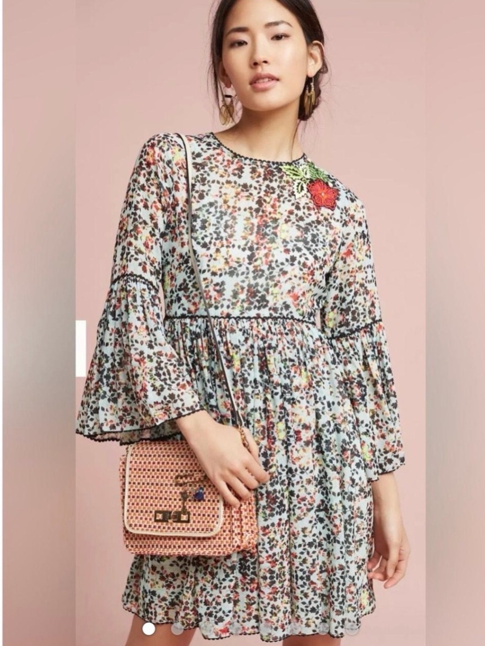 Anthropologie Bhanuni by Jyoti Floral Embroidered Bell-Sleeve Mini Dress 2